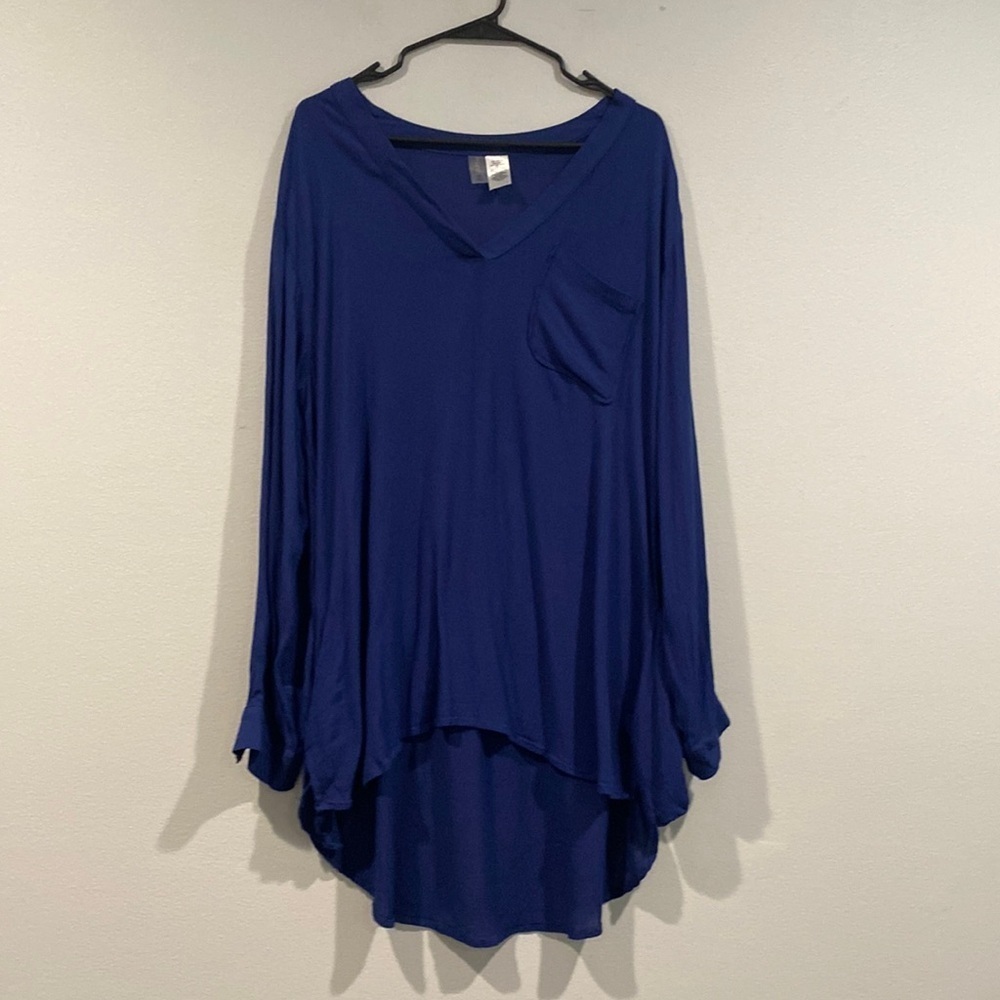 Mynah Royal Blue Long Sleeve V-Neck Oversized Tunic Blouse - Size Medium